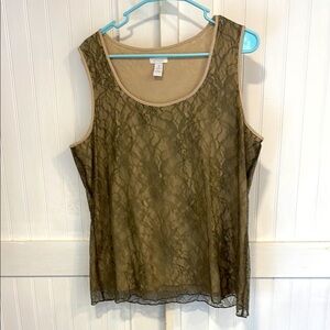 Chico: olive green Lace Overlay Tank with beige under & scoop neck. Chico 3 (XL)